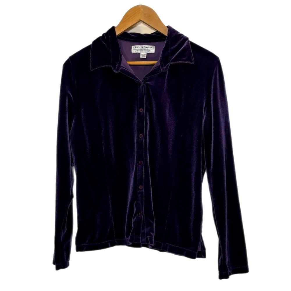Carolyn Taylor deep purple stretch velvet long sleeve button up top shacket